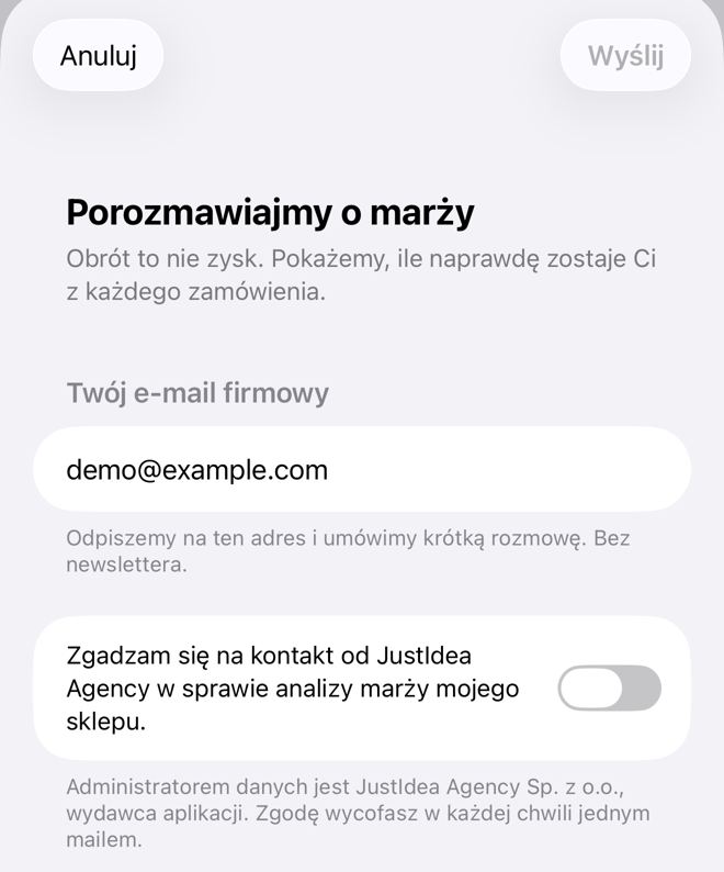 Formularz w aplikacji: e-mail firmowy i zgoda na kontakt